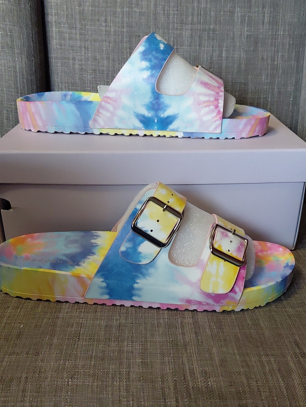 Steve MADDEN Blue Tie Die Buckle Slide Sandals - Pastel Rainbow